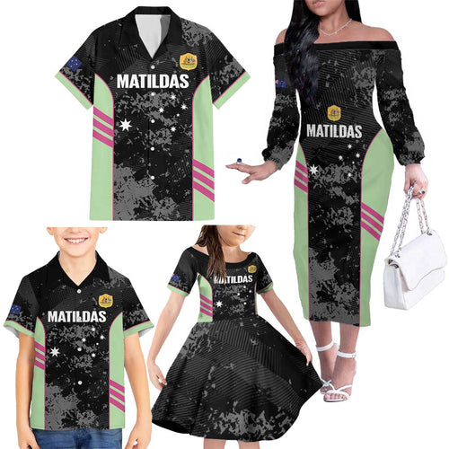 Custom Australia Matildas 2026 Family Matching Off The Shoulder Long Sleeve Dress and Hawaiian Shirt Come On Aussie Grunge Style