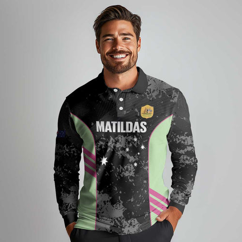 Custom Australia Matildas 2026 Long Sleeve Polo Shirt Come On Aussie Grunge Style