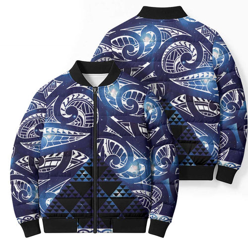 Matariki New Zealand Bomber Puffer Jacket NZ Niho Taniwha Maori New Year Blue Galaxy