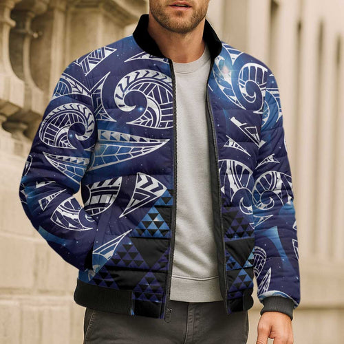 Matariki New Zealand Bomber Puffer Jacket NZ Niho Taniwha Maori New Year Blue Galaxy