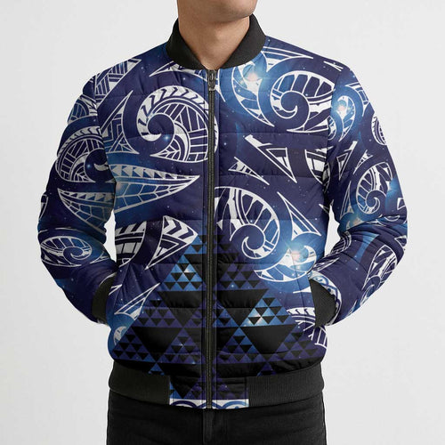 Matariki New Zealand Bomber Puffer Jacket NZ Niho Taniwha Maori New Year Blue Galaxy