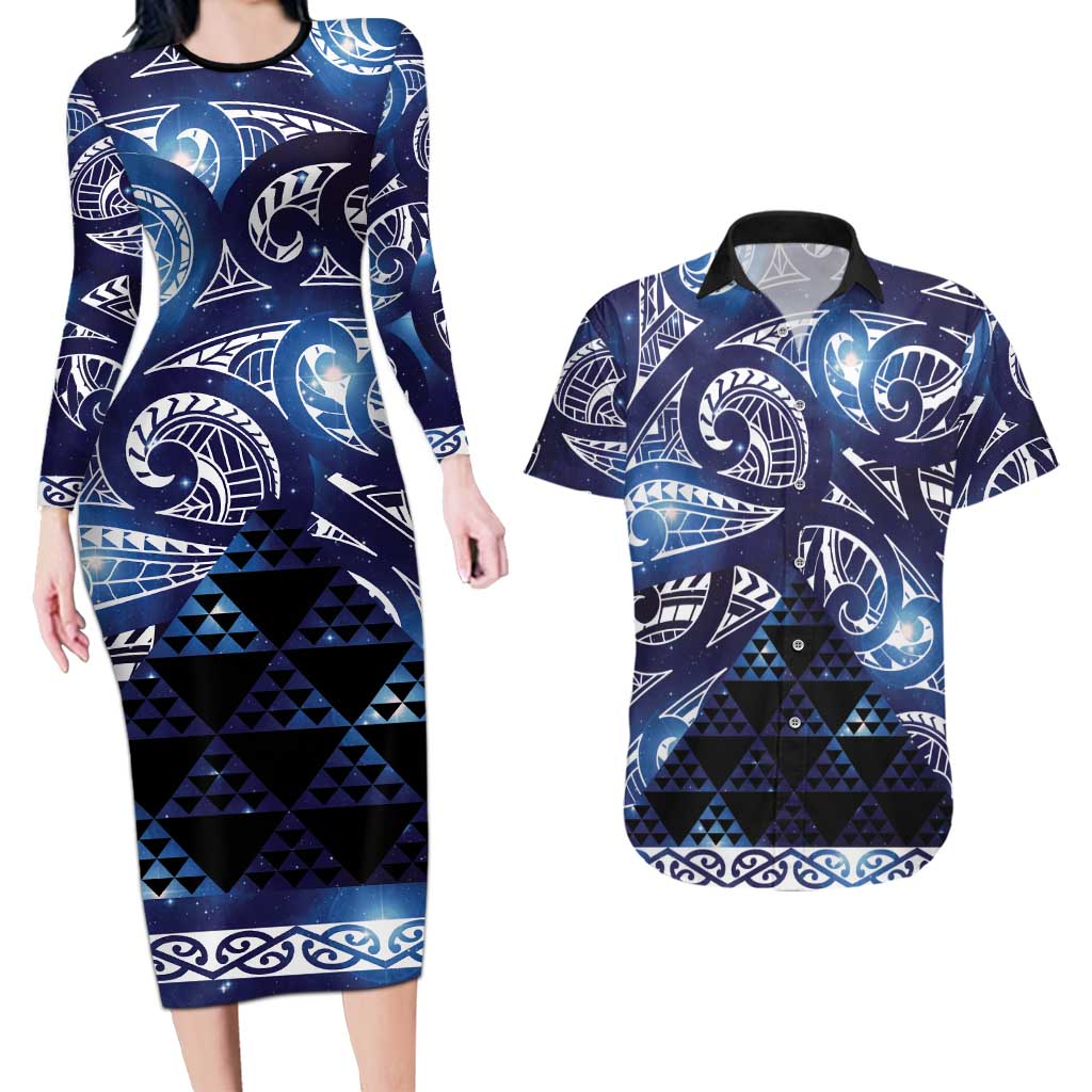 Matariki New Zealand Couples Matching Long Sleeve Bodycon Dress and Hawaiian Shirt NZ Niho Taniwha Maori New Year Blue Galaxy