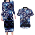 Matariki New Zealand Couples Matching Long Sleeve Bodycon Dress and Hawaiian Shirt NZ Niho Taniwha Maori New Year Blue Galaxy