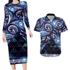 Matariki New Zealand Couples Matching Long Sleeve Bodycon Dress and Hawaiian Shirt NZ Niho Taniwha Maori New Year Blue Galaxy