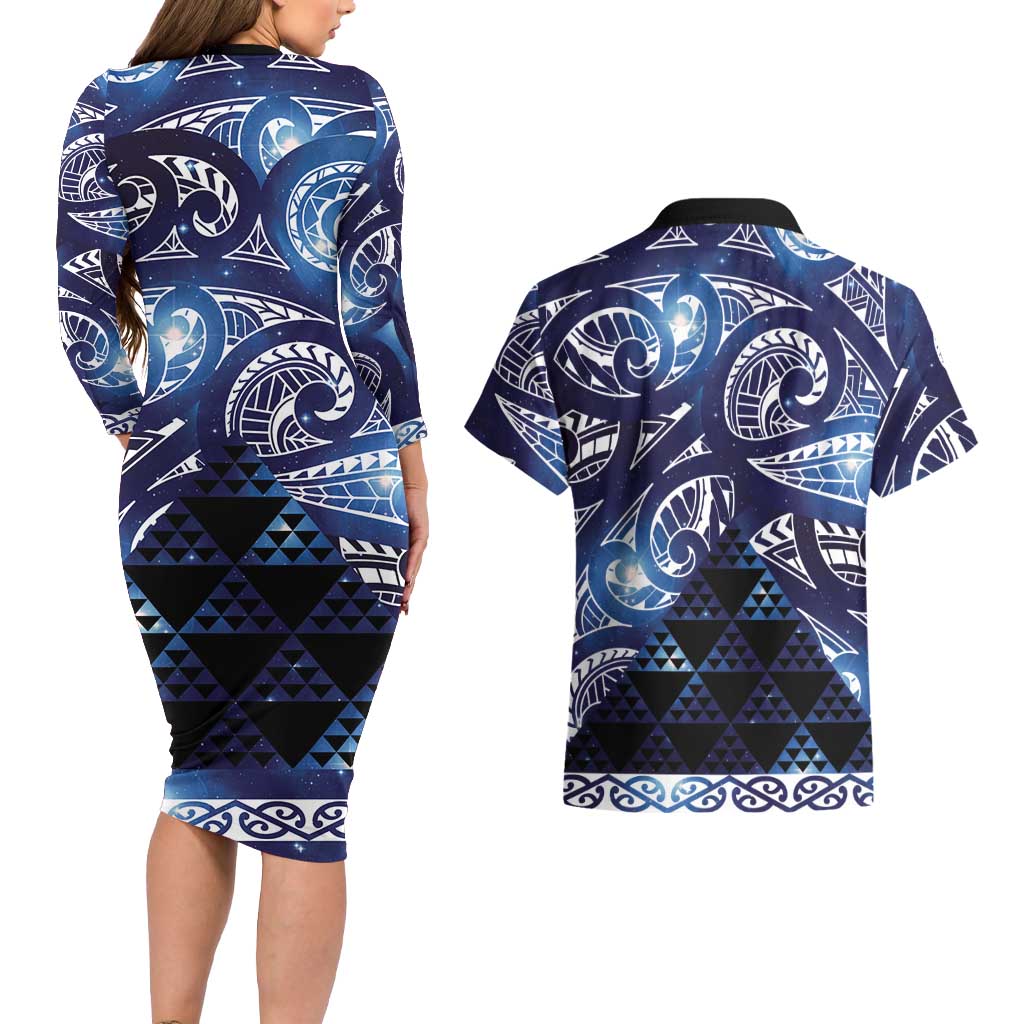 Matariki New Zealand Couples Matching Long Sleeve Bodycon Dress and Hawaiian Shirt NZ Niho Taniwha Maori New Year Blue Galaxy