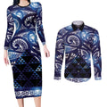Matariki New Zealand Couples Matching Long Sleeve Bodycon Dress and Long Sleeve Button Shirt NZ Niho Taniwha Maori New Year Blue Galaxy