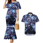 Matariki New Zealand Couples Matching Mermaid Dress and Hawaiian Shirt NZ Niho Taniwha Maori New Year Blue Galaxy