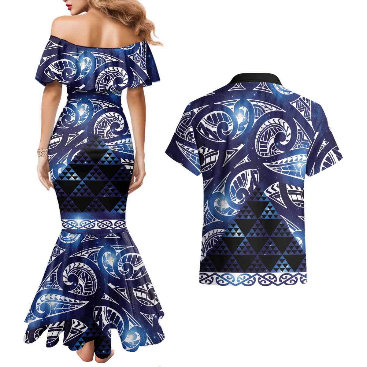 Matariki New Zealand Couples Matching Mermaid Dress and Hawaiian Shirt NZ Niho Taniwha Maori New Year Blue Galaxy