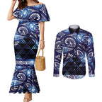 Matariki New Zealand Couples Matching Mermaid Dress and Long Sleeve Button Shirt NZ Niho Taniwha Maori New Year Blue Galaxy