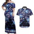 Matariki New Zealand Couples Matching Off Shoulder Maxi Dress and Hawaiian Shirt NZ Niho Taniwha Maori New Year Blue Galaxy