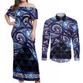 Matariki New Zealand Couples Matching Off Shoulder Maxi Dress and Long Sleeve Button Shirt NZ Niho Taniwha Maori New Year Blue Galaxy