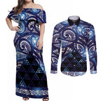 Matariki New Zealand Couples Matching Off Shoulder Maxi Dress and Long Sleeve Button Shirt NZ Niho Taniwha Maori New Year Blue Galaxy