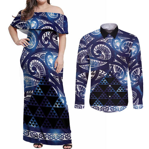 Matariki New Zealand Couples Matching Off Shoulder Maxi Dress and Long Sleeve Button Shirt NZ Niho Taniwha Maori New Year Blue Galaxy