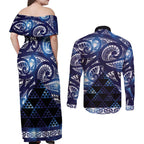 Matariki New Zealand Couples Matching Off Shoulder Maxi Dress and Long Sleeve Button Shirt NZ Niho Taniwha Maori New Year Blue Galaxy