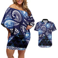 Matariki New Zealand Couples Matching Off Shoulder Short Dress and Hawaiian Shirt NZ Niho Taniwha Maori New Year Blue Galaxy