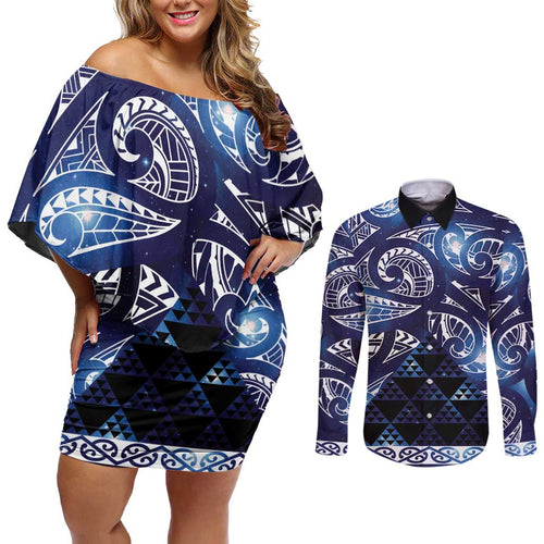 Matariki New Zealand Couples Matching Off Shoulder Short Dress and Long Sleeve Button Shirt NZ Niho Taniwha Maori New Year Blue Galaxy