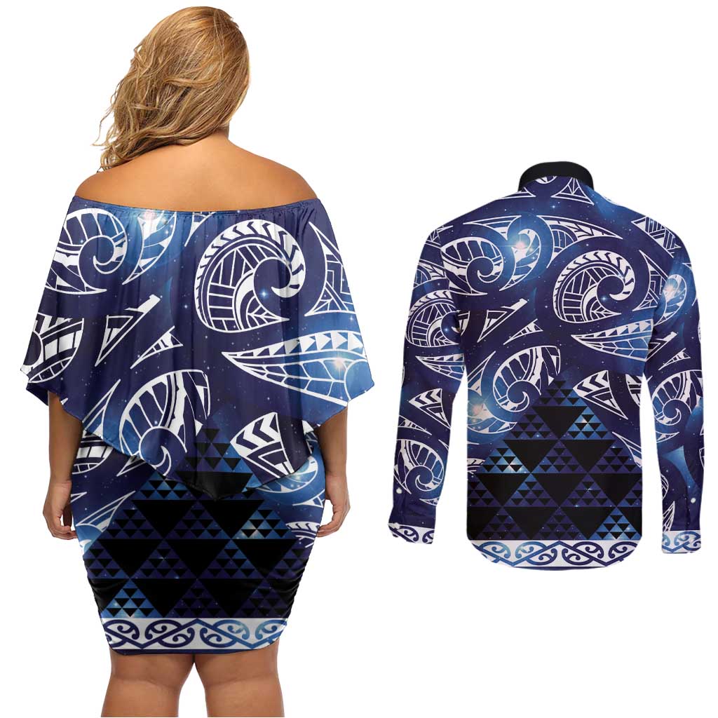 Matariki New Zealand Couples Matching Off Shoulder Short Dress and Long Sleeve Button Shirt NZ Niho Taniwha Maori New Year Blue Galaxy