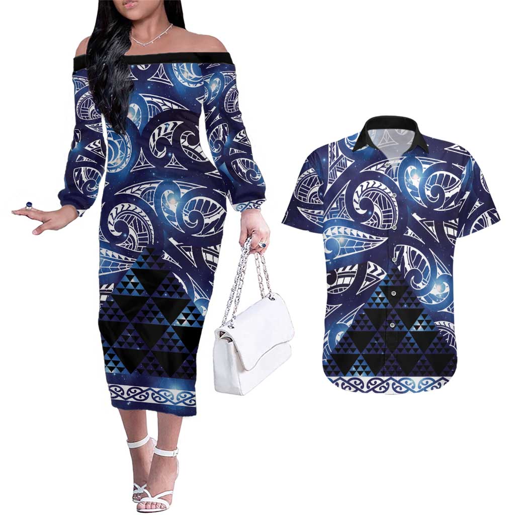 Matariki New Zealand Couples Matching Off The Shoulder Long Sleeve Dress and Hawaiian Shirt NZ Niho Taniwha Maori New Year Blue Galaxy