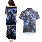 Matariki New Zealand Couples Matching Puletasi and Hawaiian Shirt NZ Niho Taniwha Maori New Year Blue Galaxy