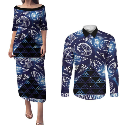 Matariki New Zealand Couples Matching Puletasi and Long Sleeve Button Shirt NZ Niho Taniwha Maori New Year Blue Galaxy