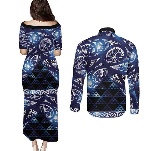 Matariki New Zealand Couples Matching Puletasi and Long Sleeve Button Shirt NZ Niho Taniwha Maori New Year Blue Galaxy