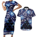 Matariki New Zealand Couples Matching Short Sleeve Bodycon Dress and Hawaiian Shirt NZ Niho Taniwha Maori New Year Blue Galaxy