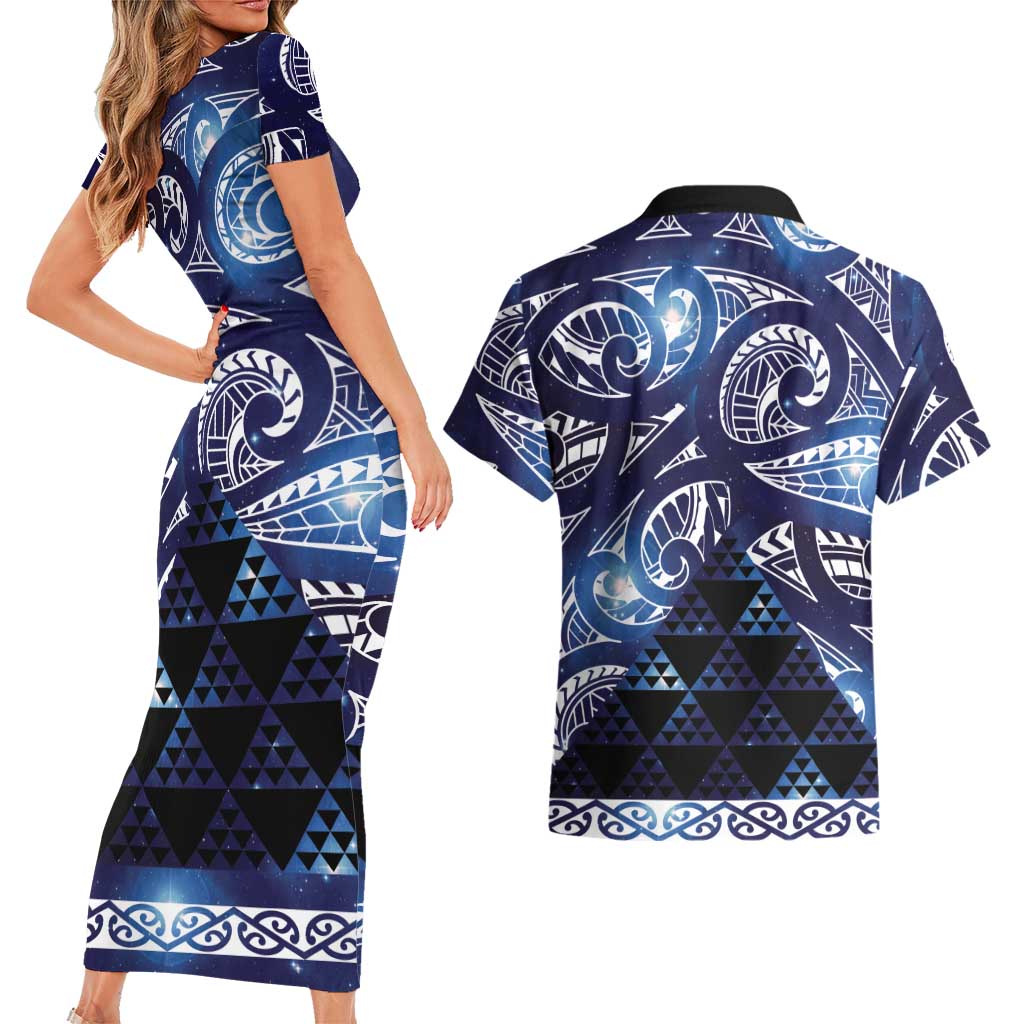 Matariki New Zealand Couples Matching Short Sleeve Bodycon Dress and Hawaiian Shirt NZ Niho Taniwha Maori New Year Blue Galaxy