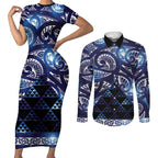 Matariki New Zealand Couples Matching Short Sleeve Bodycon Dress and Long Sleeve Button Shirt NZ Niho Taniwha Maori New Year Blue Galaxy