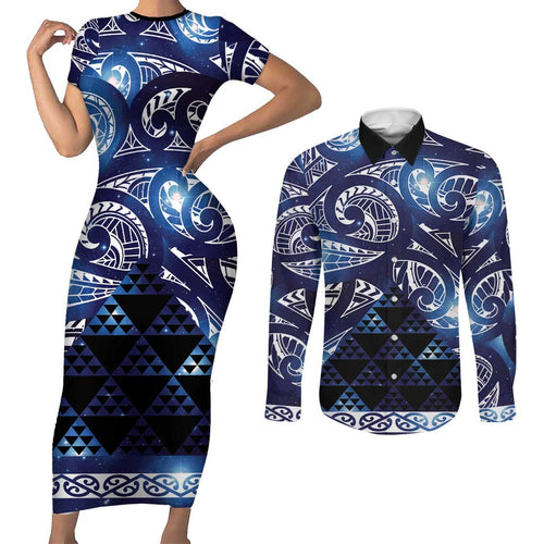 Matariki New Zealand Couples Matching Short Sleeve Bodycon Dress and Long Sleeve Button Shirt NZ Niho Taniwha Maori New Year Blue Galaxy