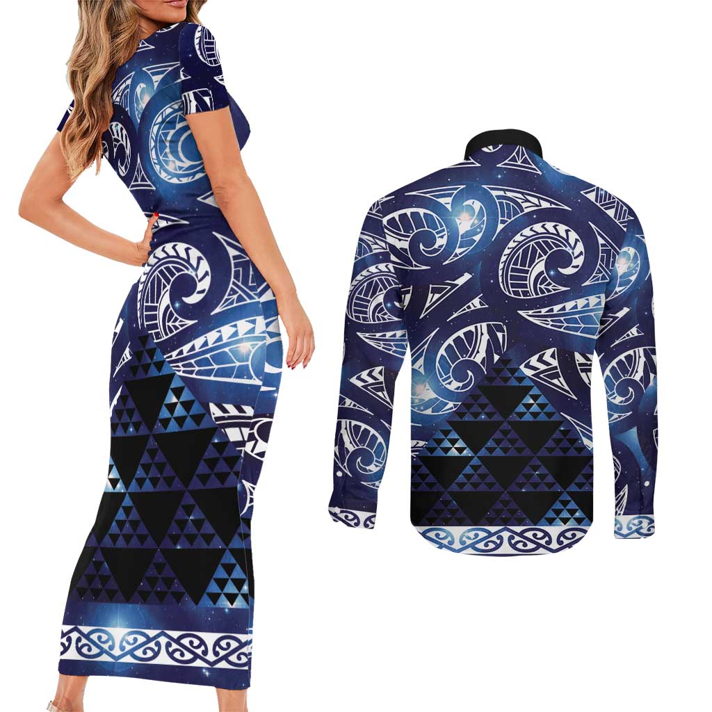 Matariki New Zealand Couples Matching Short Sleeve Bodycon Dress and Long Sleeve Button Shirt NZ Niho Taniwha Maori New Year Blue Galaxy