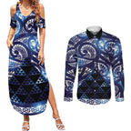 Matariki New Zealand Couples Matching Summer Maxi Dress and Long Sleeve Button Shirt NZ Niho Taniwha Maori New Year Blue Galaxy
