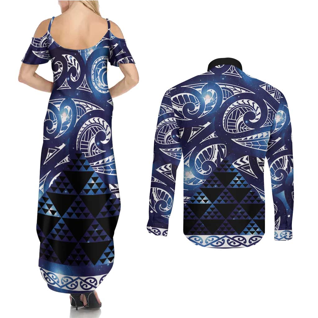 Matariki New Zealand Couples Matching Summer Maxi Dress and Long Sleeve Button Shirt NZ Niho Taniwha Maori New Year Blue Galaxy