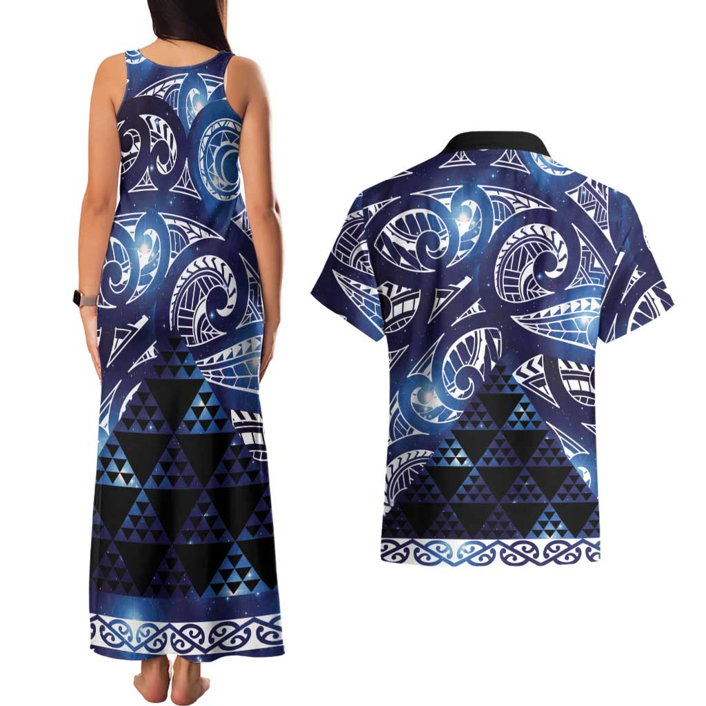Matariki New Zealand Couples Matching Tank Maxi Dress and Hawaiian Shirt NZ Niho Taniwha Maori New Year Blue Galaxy