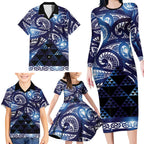 Matariki New Zealand Family Matching Long Sleeve Bodycon Dress and Hawaiian Shirt NZ Niho Taniwha Maori New Year Blue Galaxy