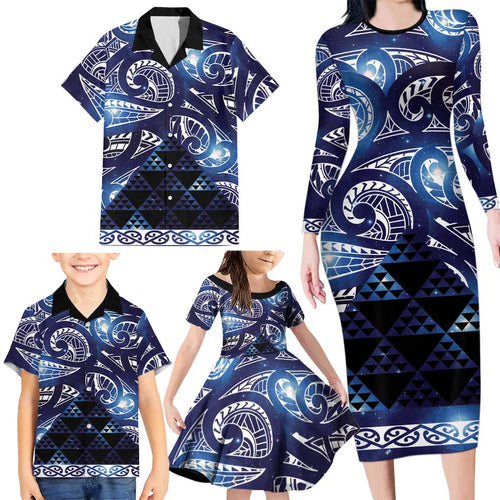 Matariki New Zealand Family Matching Long Sleeve Bodycon Dress and Hawaiian Shirt NZ Niho Taniwha Maori New Year Blue Galaxy