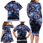 Matariki New Zealand Family Matching Long Sleeve Bodycon Dress and Hawaiian Shirt NZ Niho Taniwha Maori New Year Blue Galaxy