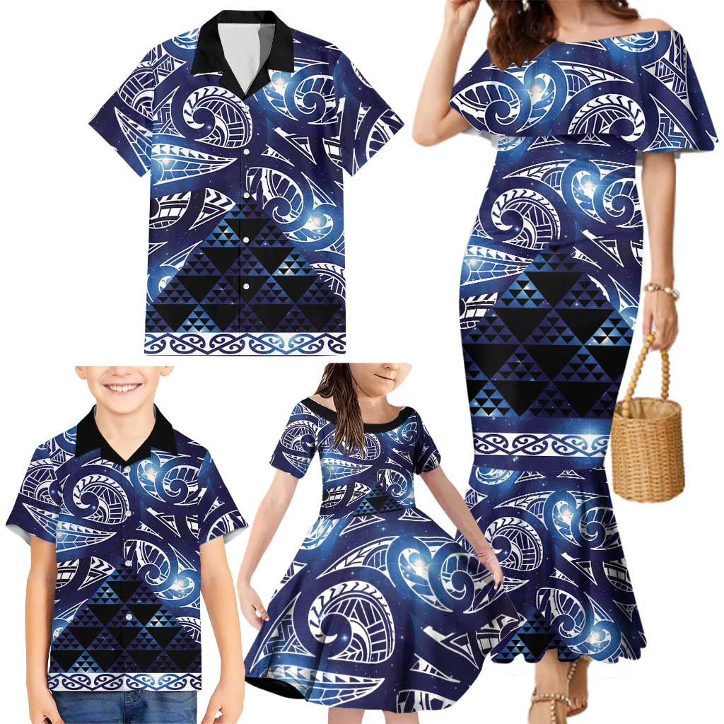 Matariki New Zealand Family Matching Mermaid Dress and Hawaiian Shirt NZ Niho Taniwha Maori New Year Blue Galaxy