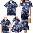 Matariki New Zealand Family Matching Mermaid Dress and Hawaiian Shirt NZ Niho Taniwha Maori New Year Blue Galaxy