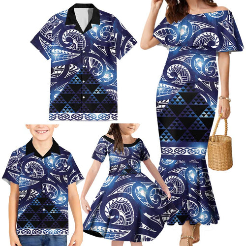 Matariki New Zealand Family Matching Mermaid Dress and Hawaiian Shirt NZ Niho Taniwha Maori New Year Blue Galaxy