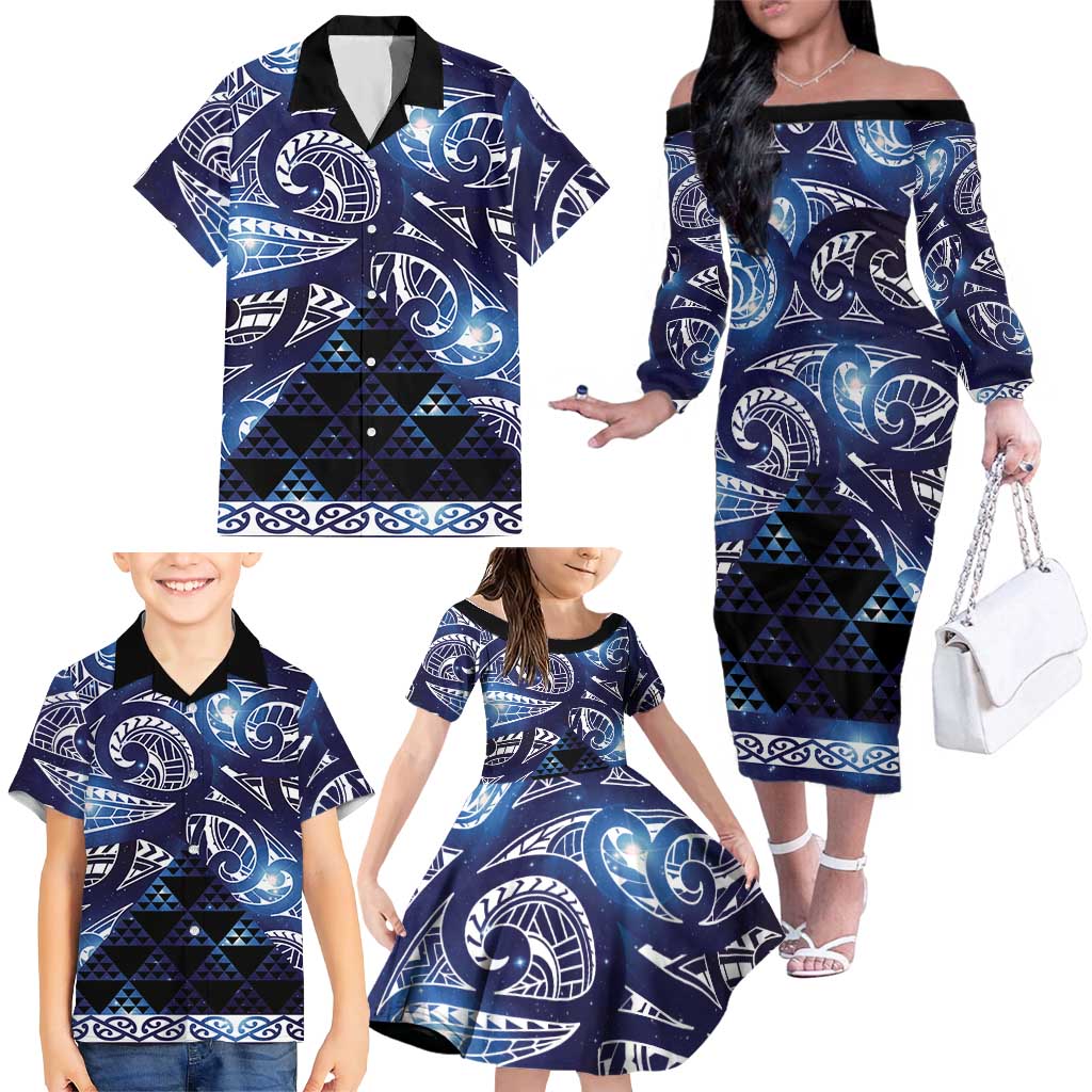 Matariki New Zealand Family Matching Off The Shoulder Long Sleeve Dress and Hawaiian Shirt NZ Niho Taniwha Maori New Year Blue Galaxy