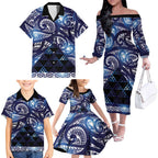 Matariki New Zealand Family Matching Off The Shoulder Long Sleeve Dress and Hawaiian Shirt NZ Niho Taniwha Maori New Year Blue Galaxy