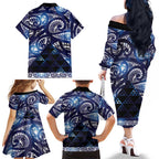 Matariki New Zealand Family Matching Off The Shoulder Long Sleeve Dress and Hawaiian Shirt NZ Niho Taniwha Maori New Year Blue Galaxy