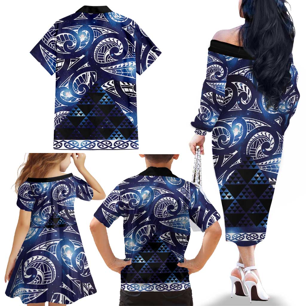 Matariki New Zealand Family Matching Off The Shoulder Long Sleeve Dress and Hawaiian Shirt NZ Niho Taniwha Maori New Year Blue Galaxy