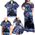 Matariki New Zealand Family Matching Off Shoulder Maxi Dress and Hawaiian Shirt NZ Niho Taniwha Maori New Year Blue Galaxy