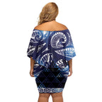 Matariki New Zealand Family Matching Off Shoulder Short Dress and Hawaiian Shirt NZ Niho Taniwha Maori New Year Blue Galaxy
