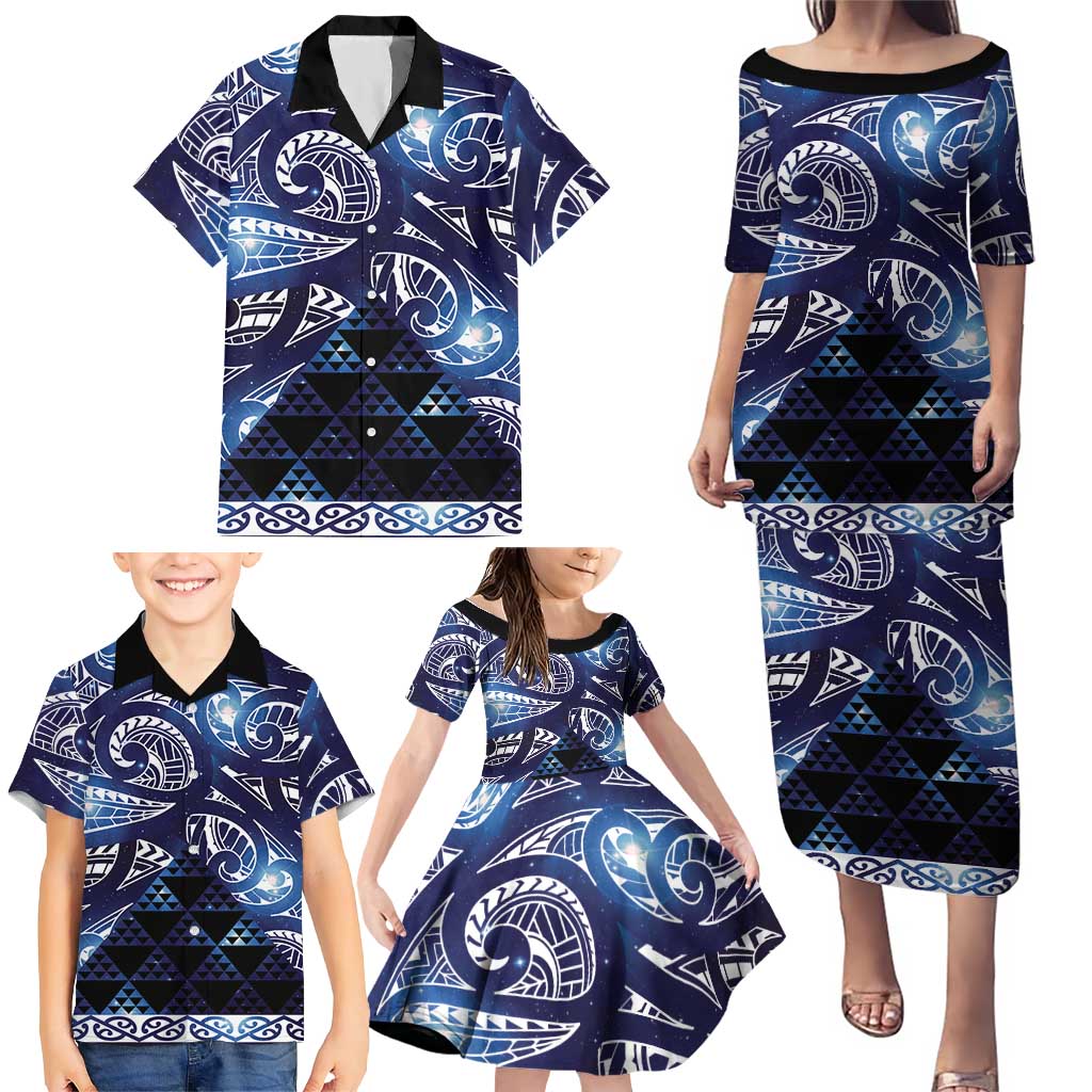 Matariki New Zealand Family Matching Puletasi and Hawaiian Shirt NZ Niho Taniwha Maori New Year Blue Galaxy