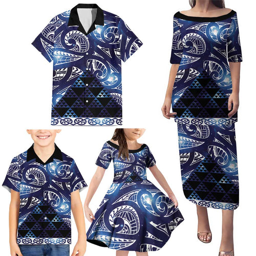 Matariki New Zealand Family Matching Puletasi and Hawaiian Shirt NZ Niho Taniwha Maori New Year Blue Galaxy
