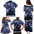 Matariki New Zealand Family Matching Puletasi and Hawaiian Shirt NZ Niho Taniwha Maori New Year Blue Galaxy