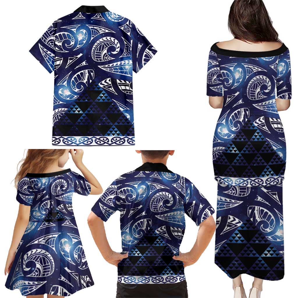 Matariki New Zealand Family Matching Puletasi and Hawaiian Shirt NZ Niho Taniwha Maori New Year Blue Galaxy