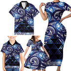 Matariki New Zealand Family Matching Short Sleeve Bodycon Dress and Hawaiian Shirt NZ Niho Taniwha Maori New Year Blue Galaxy